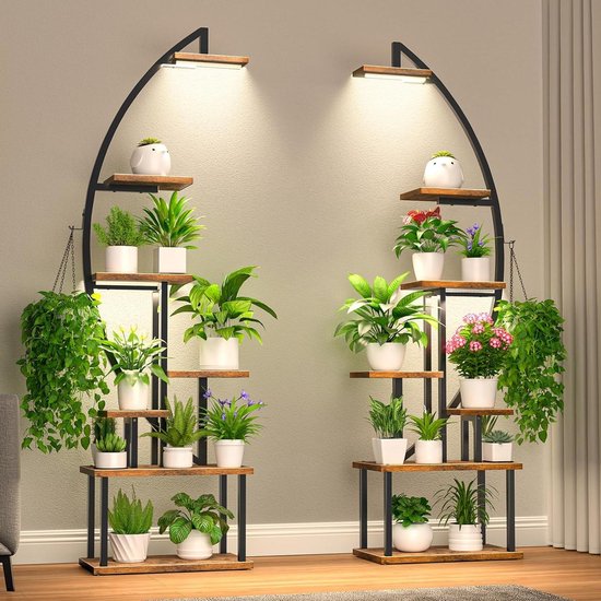COSTWAY Plantenstandaard van metaal, plantenrek op wieltjes, bloemenstandaard met latwerk en 3 planken en hangstang, bloemenrek voor tuin, balkon, terras, multifunctioneel rek, 80 x 85 x 175 cm, wit