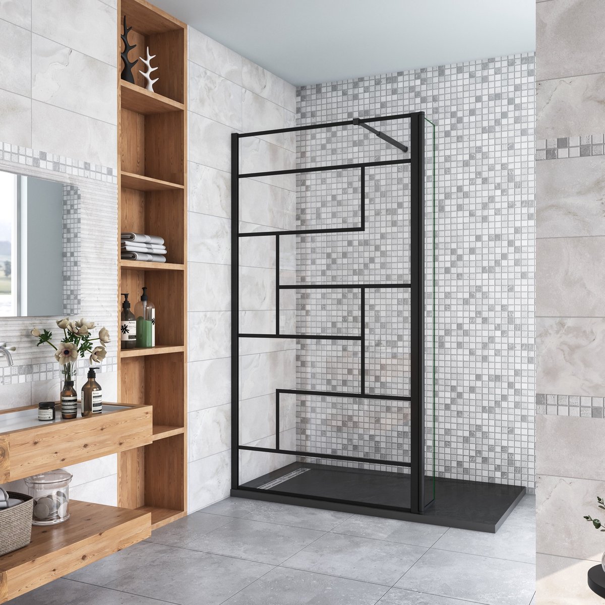 Douchewand-Inloopdouche 90x200cm draaibaar hoekprofiel 30x200cm 8mm NANO EasyClean onregelmatig zwart rooster gezeefdrukt gehard glas+73-120cm Stabilisatiestang inkortbaar
