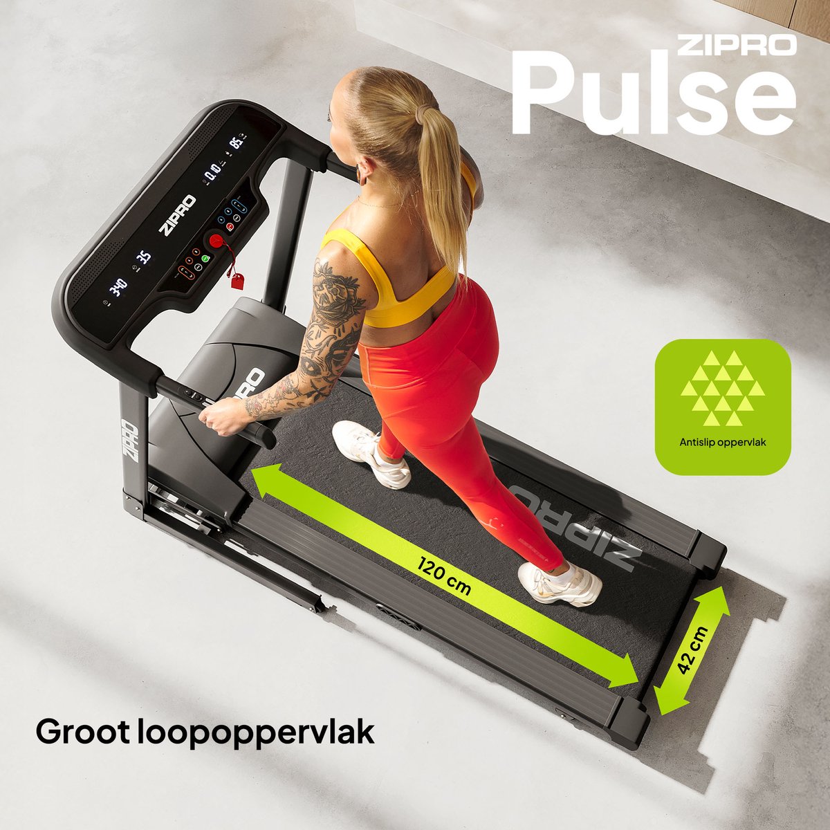 Afbeelding 3 van Zipro® Pulse Elektrische Loopband 1-12 km/h - Wandelband - Inklapbaar - Cardiotraining - LCD-display - 12 Programma’s - Eenvoudig opvouwen naar een verticale positie - Nauwkeurige gegevensmeting - Hartslagmeting