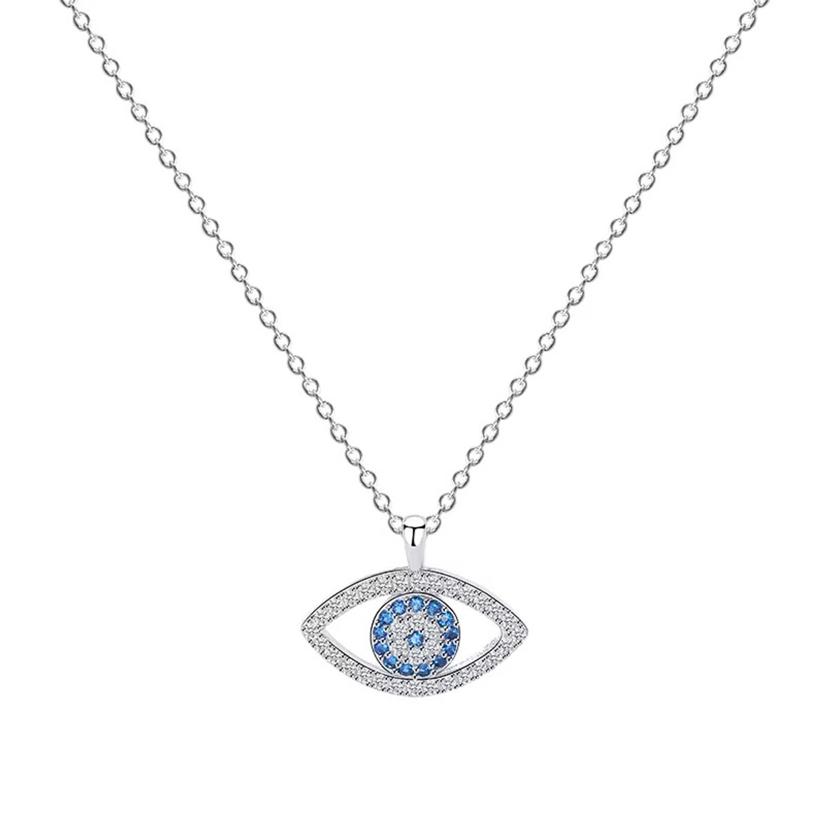 Selevie Zilveren Ketting met Boze Oog - Evi Eye - Hanger - Zirkonia Bezetting - blauw/witte zirkonia's