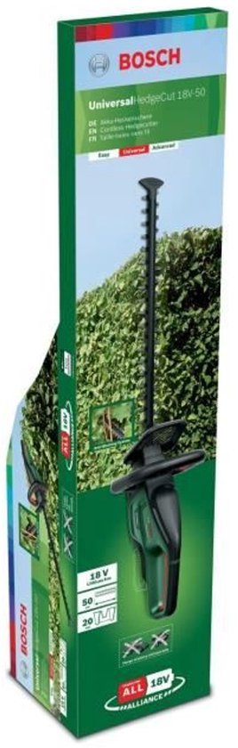 Verpakking van een Bosch heggenschaar met afbeelding van het gereedschap en specificaties.