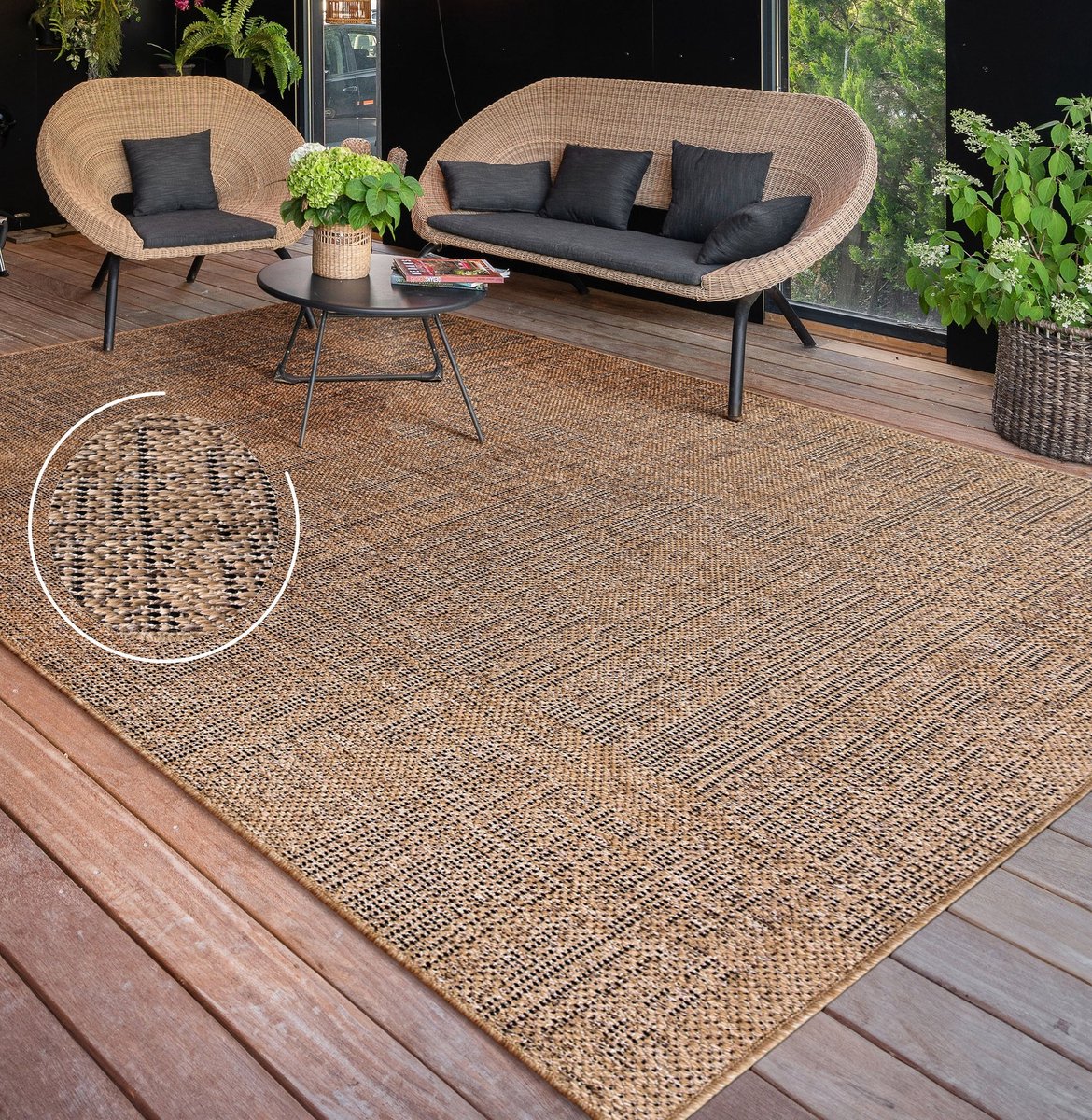 Flycarpets Aamber Jute Buitenkleed - Naturel / Zwart - Buitentapijt - Campingkleed - Vloerkleed buiten - Tuintapijt - 160x220 cm