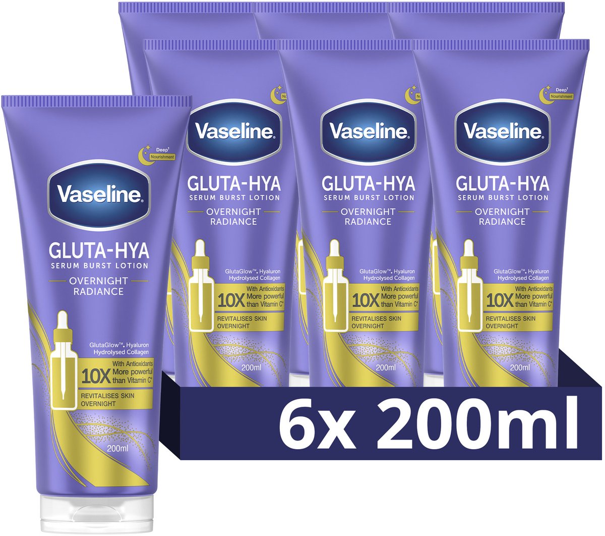 Goedkoopste Vaseline Gluta-Hya Serum Burst Lotion - Overnight Radiance - verstevigt de vermoeide huid - 6 x 200 ml