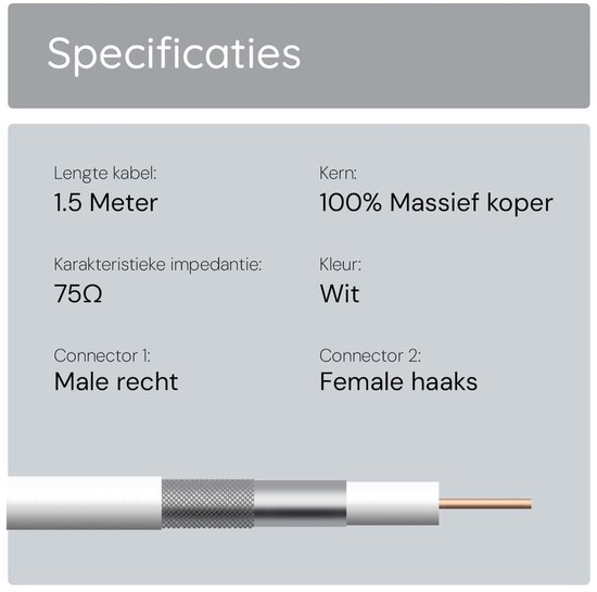 Spécifications : Câble de 1,5 mètre, impédance de 75 Ohms, couleur blanche, connecteur mâle droit et femelle coudé.