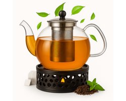 Glazen Theepot met Filter en Warmhouder - 1 Liter - RVS Infuser