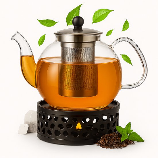 Glazen Theepot met Filter (RVS) - 1.2 Liter - Thee Infuser – Borosilicaat – Anti-druppel tuit + Warmhouder Zwart