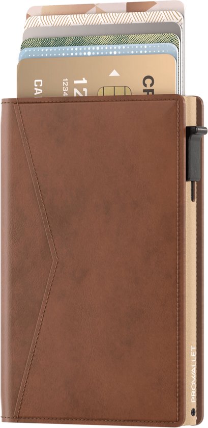 Prowallet Slim – Porte-cartes RFID - Cognac – Portefeuille compact pour 8 cartes et billets – Porte-cartes coulissant en aluminium et simili cuir – Coffret cadeau de luxe – Homme & Femme