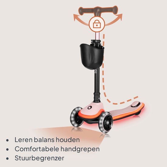 Roze kinderstep met LED-verlichting, comfortabele handgrepen en stuurbegrenzer.