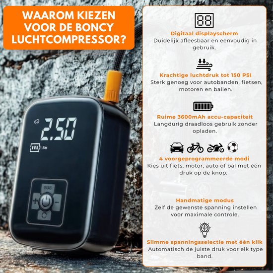 Boncy® Elektrische Fietspomp met Drukmeter - Geschikt voor Autobanden Voetbal Basketbal Ballen Fiets - Luchtcompressor Bandenpomp Lucht Compressor - Elektrisch Balpomp Draadloze Draagbare Luchtpomp - Bal Pomp Accu Draadloos Electrisch 12v Autoband van Merkloos — afbeelding 3