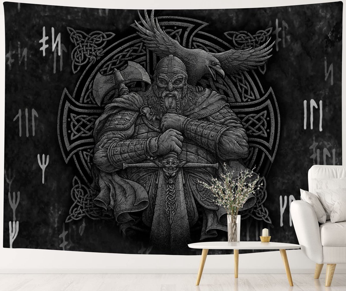 Ibenzoa Geïntegreerd Wandtextiel: Scandinavische Mythologie - Odin, Warrior, Zwaard, Runen - 150 x 130 cm zwart