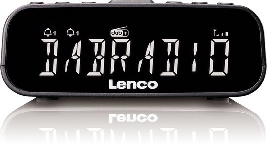 Zwarte digitale wekkerradio met wit display waarop 'DABRADIO' staat.