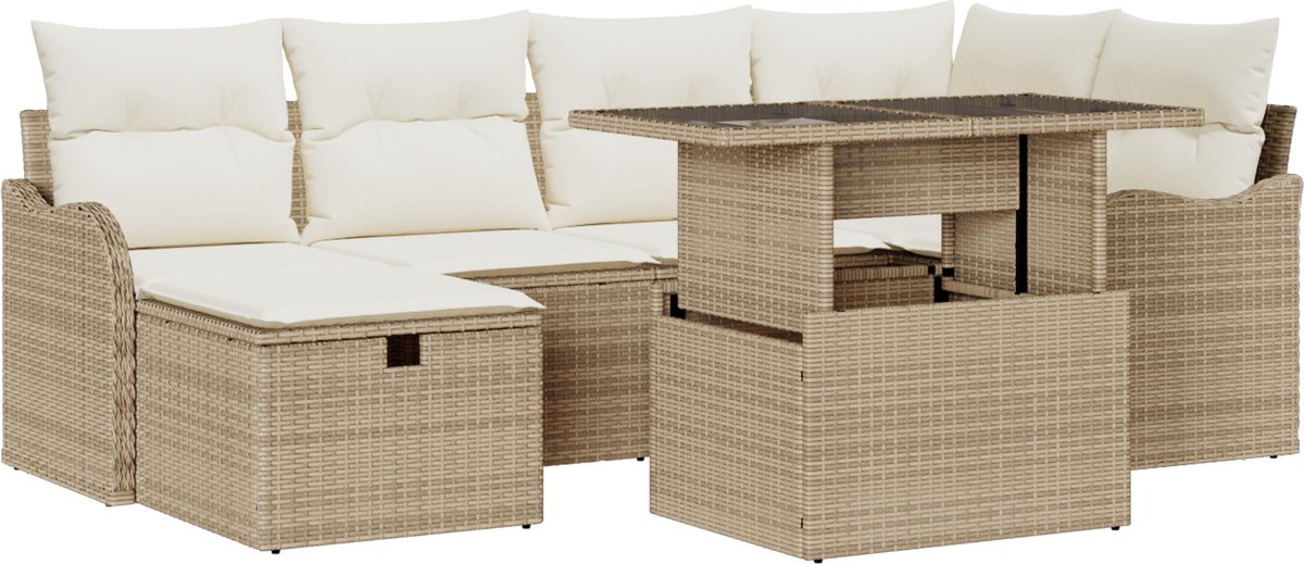 vidaXL - Tuinbank - Set - met - kussen - met - opslag - 7 - pcs - Beige - Poly - rattan