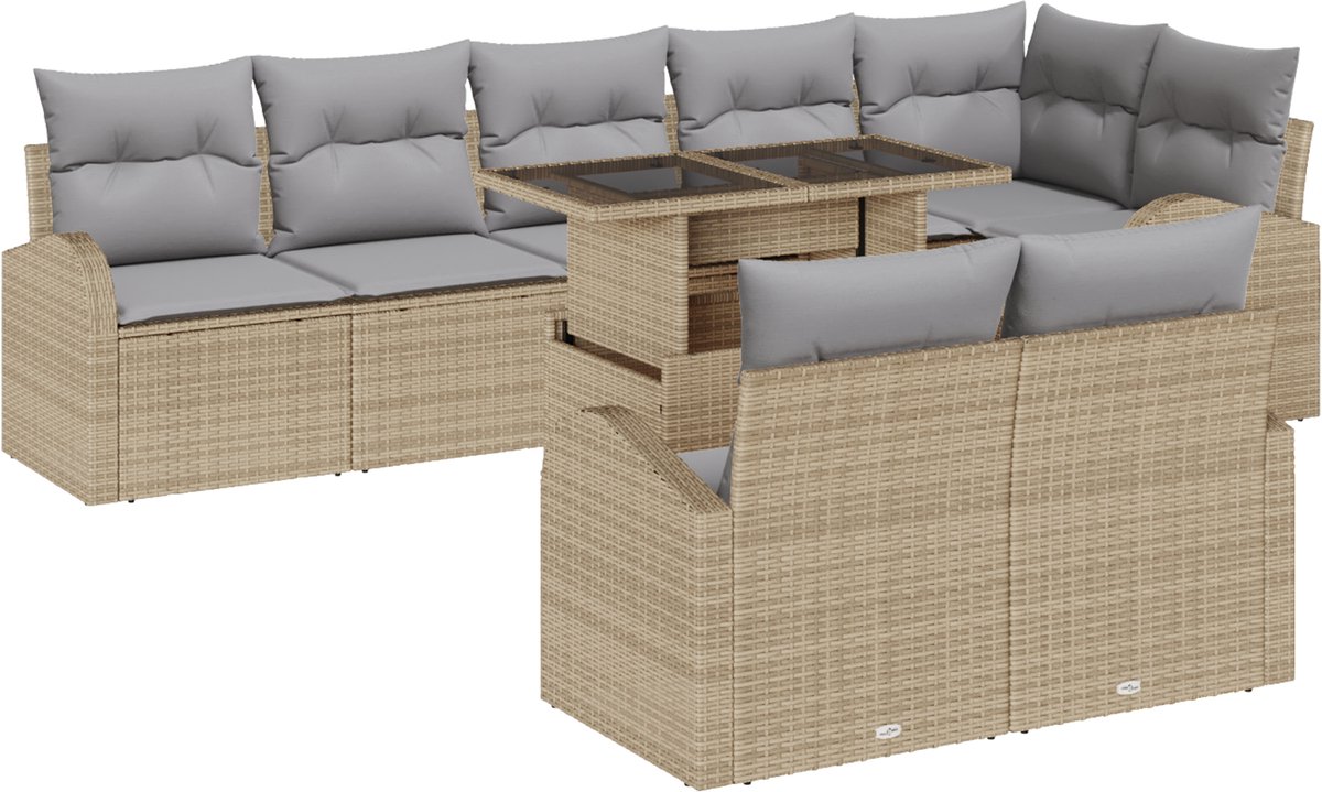 vidaXL - Tuinbank - Set - met - kussen - met - opslag - 9 - pcs - Beige - Poly - rattan