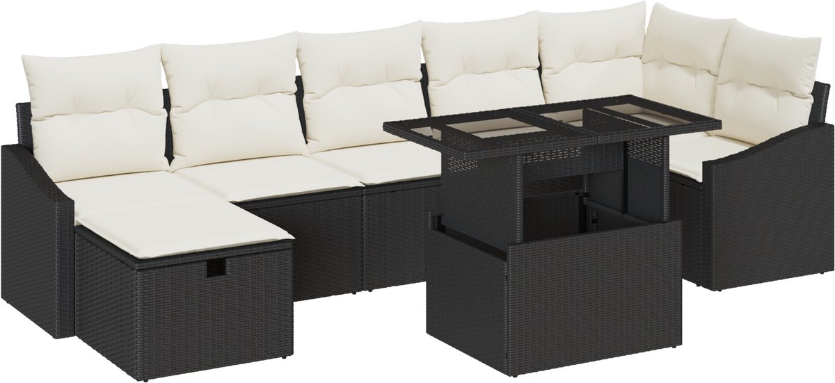 vidaXL Tuinbank - Set - 8 - st - poly - rattan Zwart/ Crèmewit