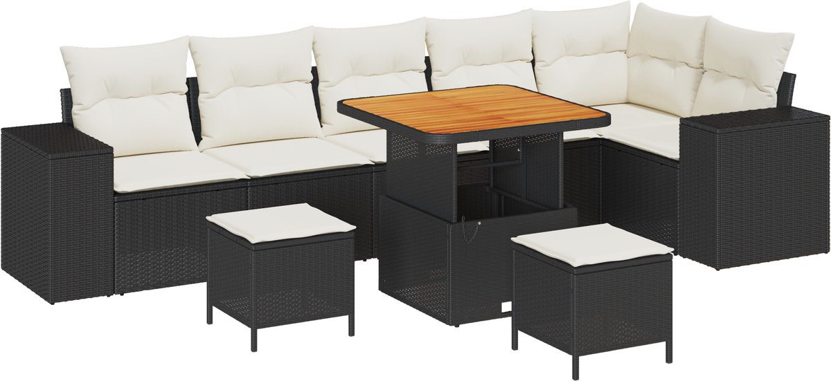 vidaXL - Tuinbank - Set - met - kussen - 9 - pcs - Zwart - poly - rattan