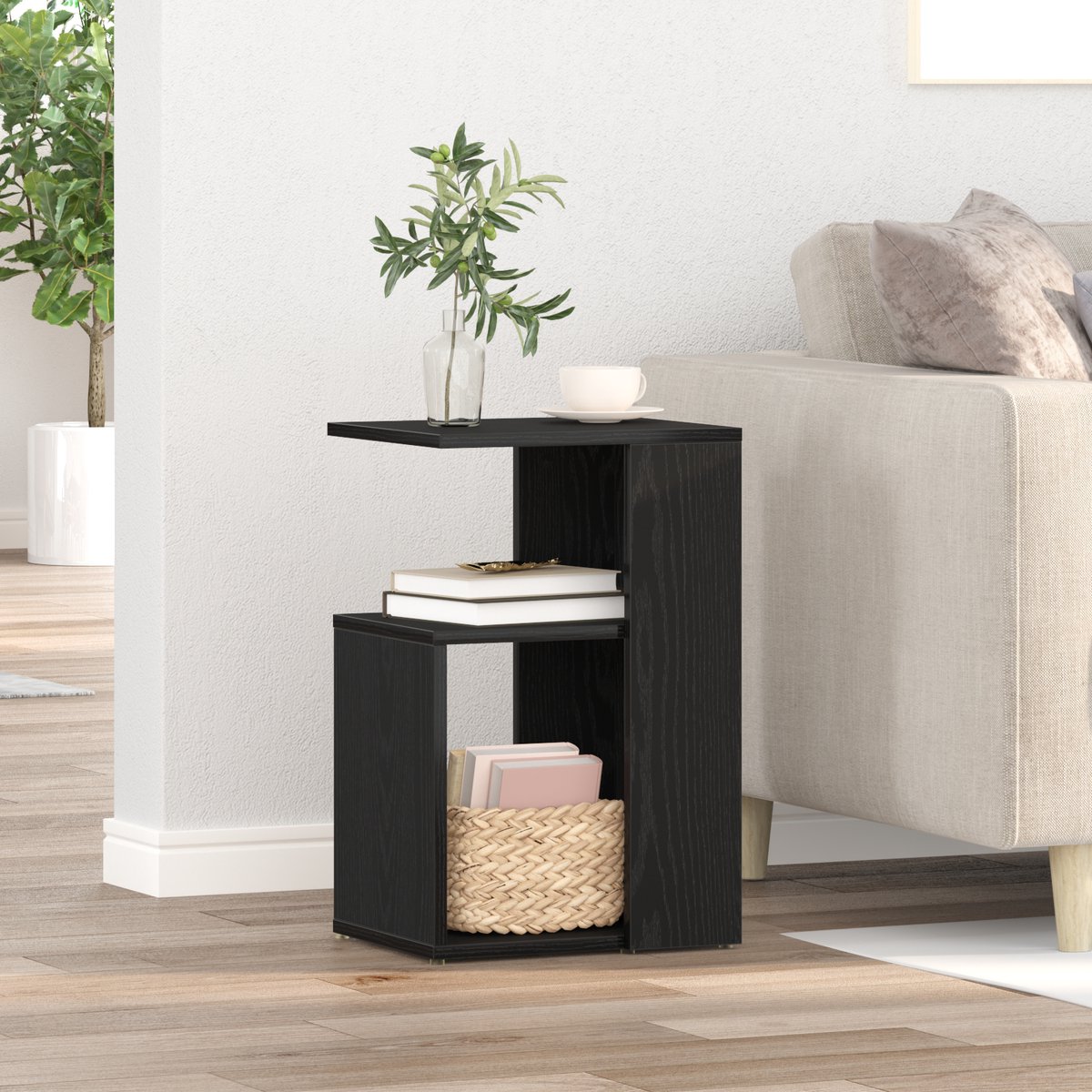 vidaXL Bijzettafel - Zwart - Eiken - 36 - x - 30 - x - 56 - cm - Bewerkt - hout Zwart eiken