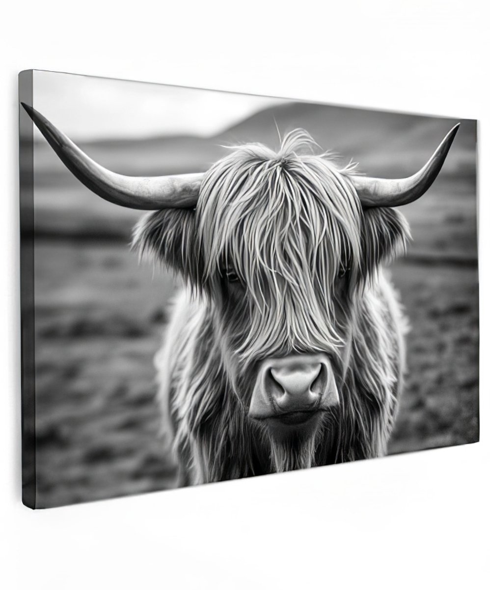 Canvas schilderij - Scottish Highland Cow - 60x40 cm - Highland Cow - Huis decoratie woonkamer - dieren muur schilderijen - Wanddecoratie accessoires - Kamer interieur