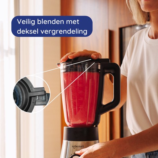 Safecourt Kitchen Power Blender - 1,5L Glas & 2x 600ml To-Go beker - 1300W Smoothie maker - Krachtig, stil en eenvoudige reiniging - RVS