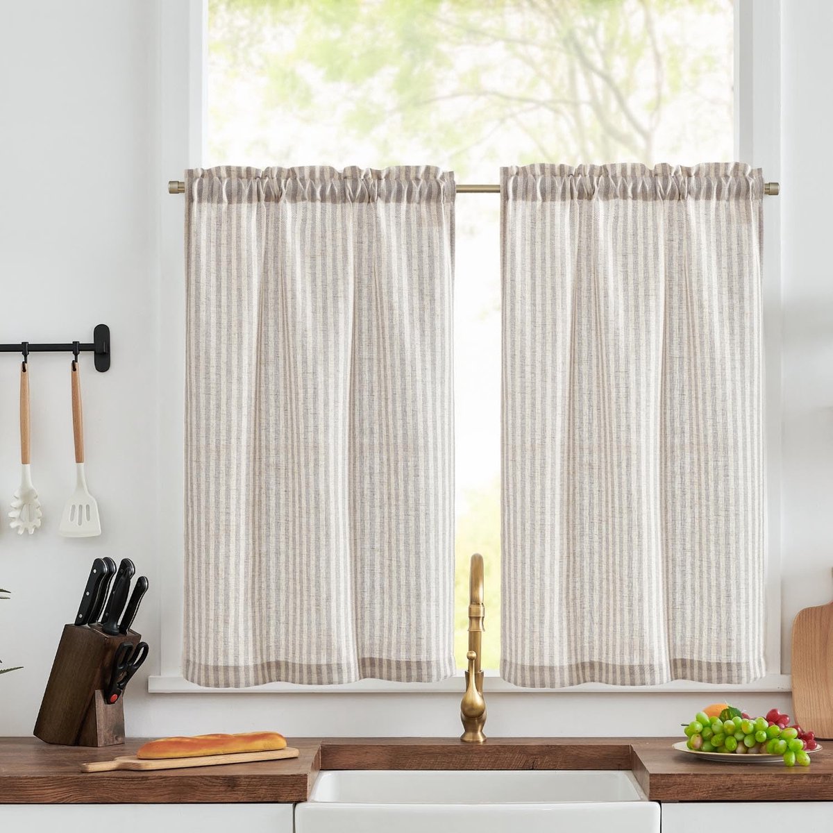 Ibenzoa Geavanceerde Linnen-Polyester Vitrage Set – 65 x 90 cm – Twee Stuks – Neutrale Strepen gestreept grijs