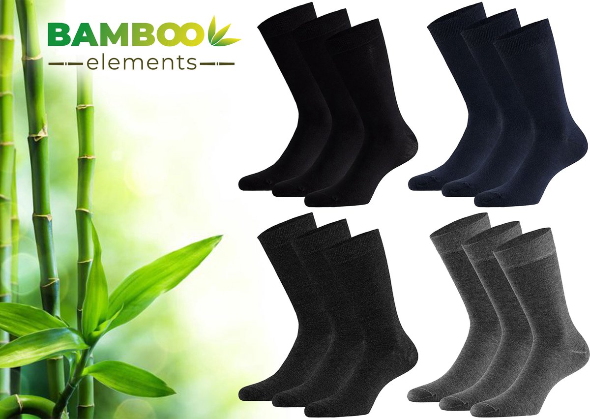 Bamboo Elements - Bamboe Sokken Dames - 12 Paar - Zwart Navy Antraciet Grijs - 35-38 - Lange Sokken - Kousen Dames Sokken - Anti Zweet - Duurzaam