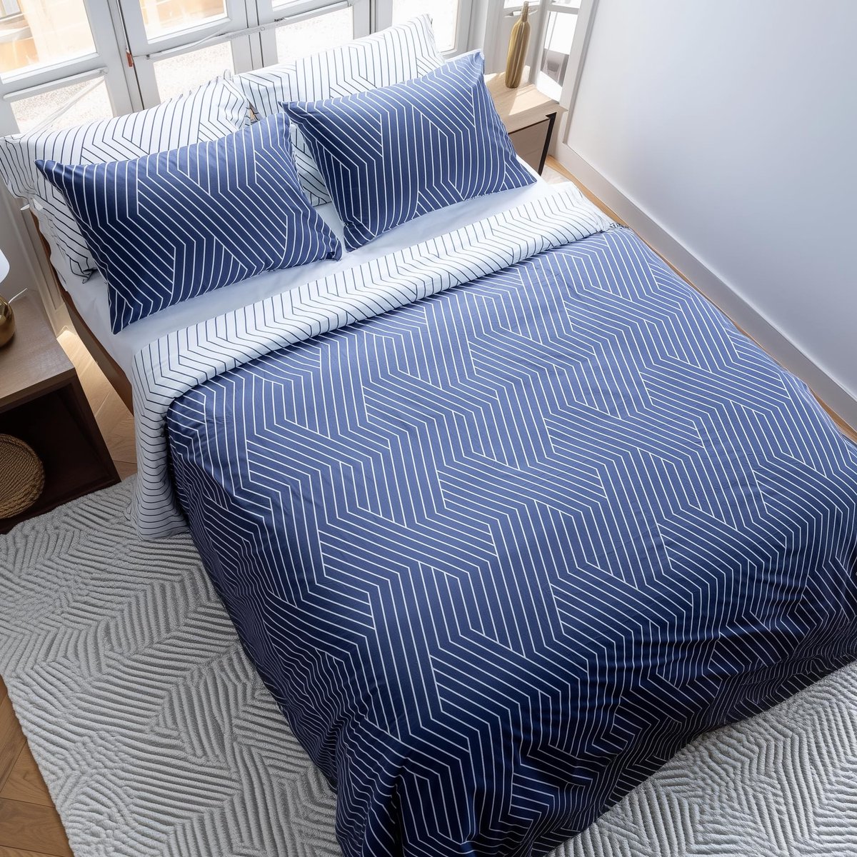 Ibenzoa Hoog slaapcomfort met strepenpatroon – beddengoedset katoen met kussensloop blauw