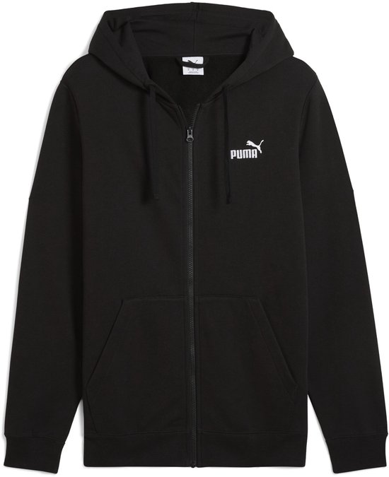Zwarte Puma hoodie met rits en het Puma logo op de borst.