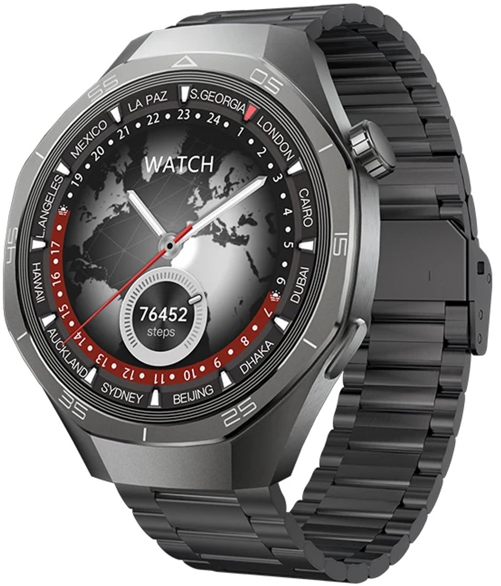 WizBay Premium Select® 1.53 inch TFT Smartwatch Dames Heren - Sapphire Glas - Android en iOS - Bluetooth Call - 02 Zuurstof - Bloedruk - Message - AI Voice - Multiple Sport Modi - Obsidiaan Zwarte Case 2 extra Banden Zwart Leer en Siliconen