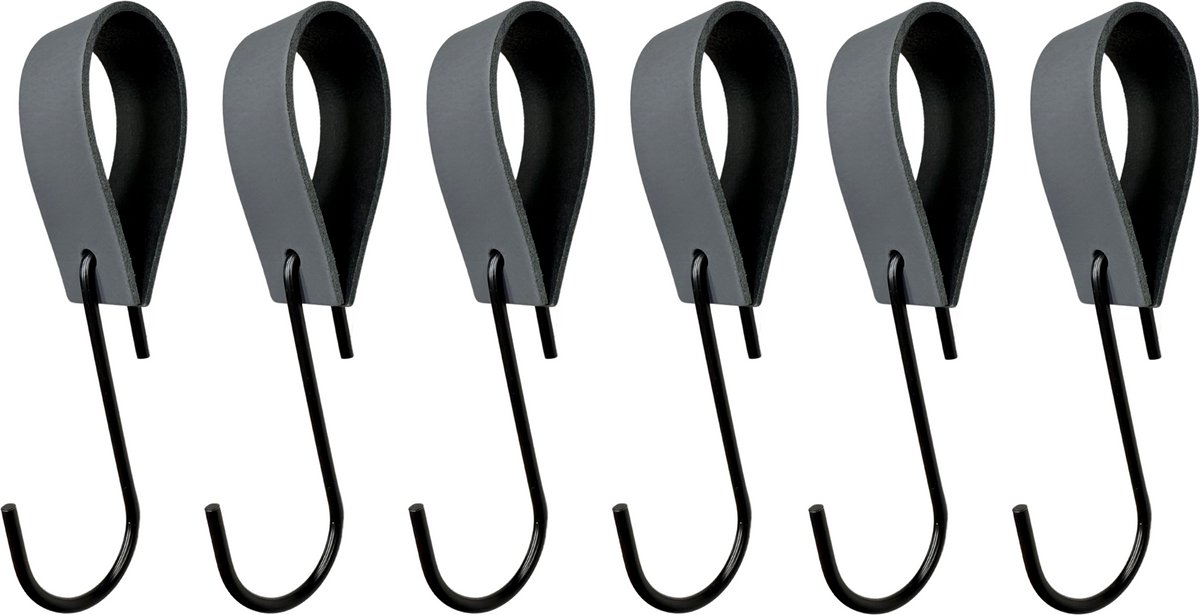 Leathergoodz - Leren S-haak hangers - Donkergrijs - 6 stuks - 16 x 2,5 cm - max ø38mm - Leer - handdoekhaakjes - Ophanghaken – kapstokhaak