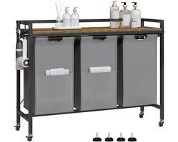 Varnox Wasmand kastje - Wasmandkastje - Tafel met wasmand - Wasmand met 3 vakken - Wassorteerder - Wasmand tafel - Badkamerkast - Wasmand meubel - Waszak - Wasmand rek - Dark oak - Op wielen - Zwart metaal
