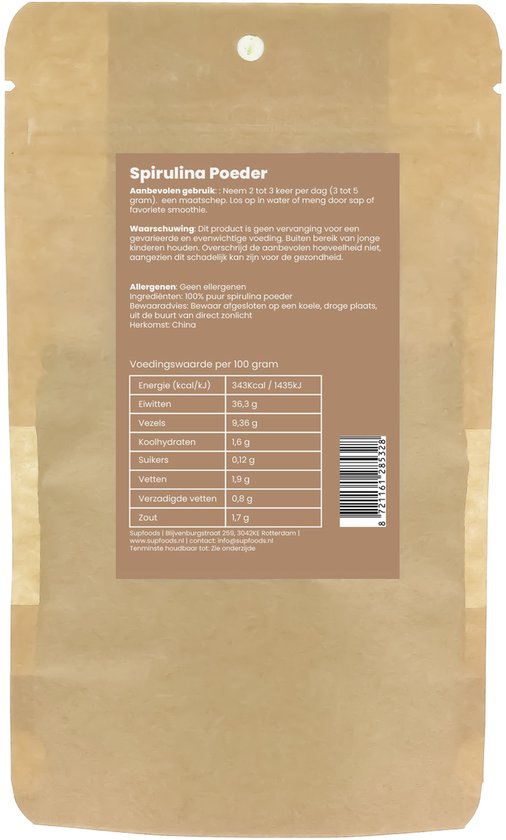 Zakje Supfoods Spirulina Poeder 100% Puur met voedingswaarde informatie op de achterkant.