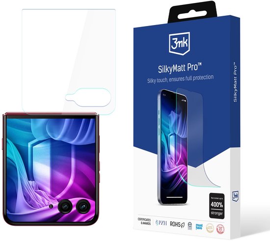 Een opvouwbare telefoon, een screenprotector en een blauwe verpakking van 3mk SilkyMatt Pro.