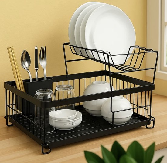 MONOO Égouttoir à vaisselle avec égouttoir - Chrome - Égouttoir à vaisselle à 2 couches - Égouttoir de cuisine - Égouttoir à vaisselle - 42x38x25 cm