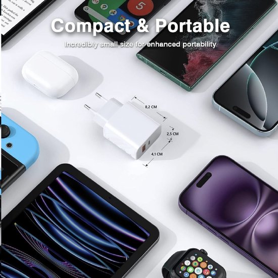 Compacte witte 20W oplader omringd door diverse elektronische apparaten zoals telefoons en een smartwatch.