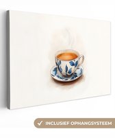 Tableau sur toile 120x80 cm - Décoration murale exclusive Tasse à thé - Feuilles - Blauw - Décoration murale salon - Décoration chambre - Accessoires chambre - Peintures sur toile