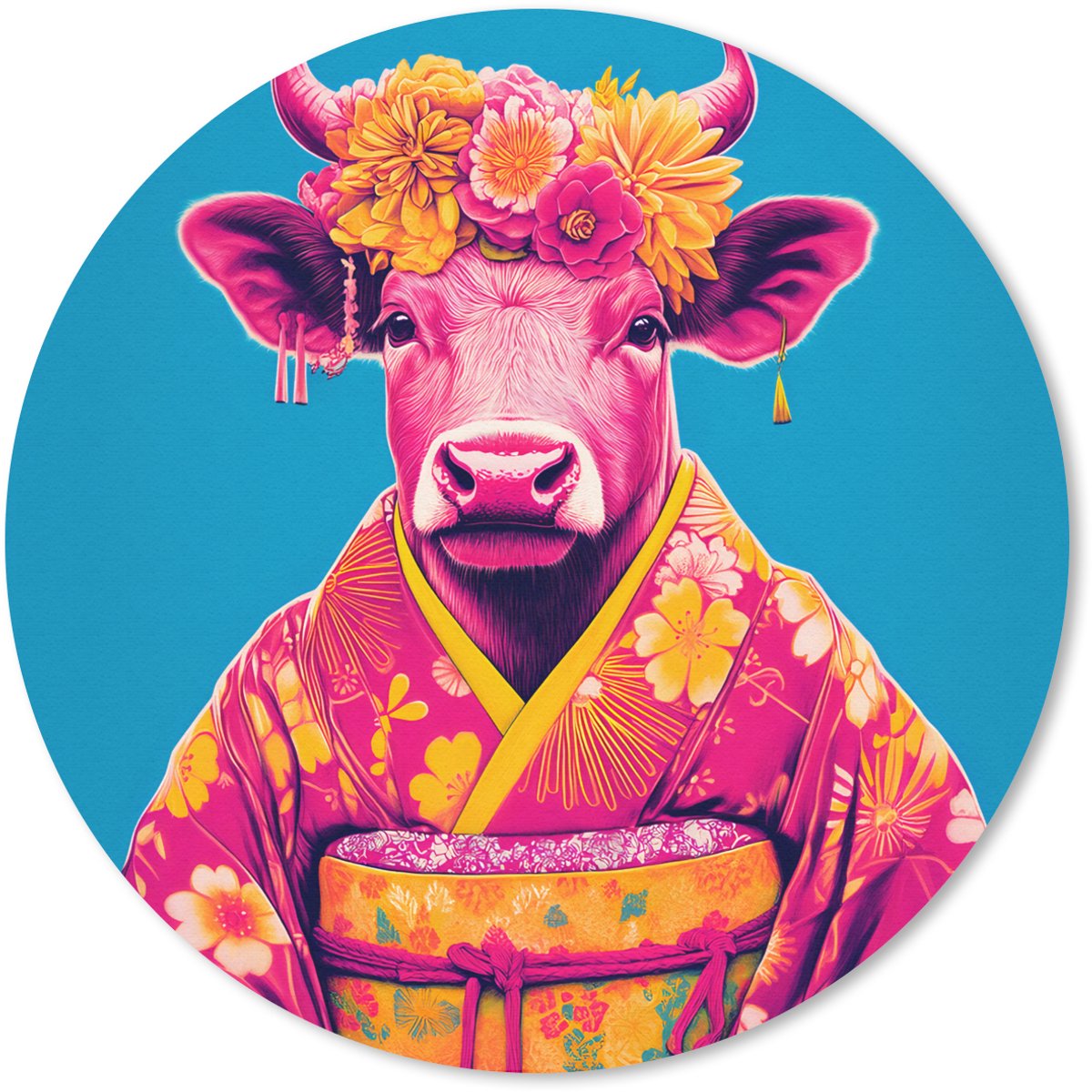 Muismat rond 30x30 cm - Mousepad Koe - Bloemenkrans - Oorhangers - Kimono - Ronde muismatten