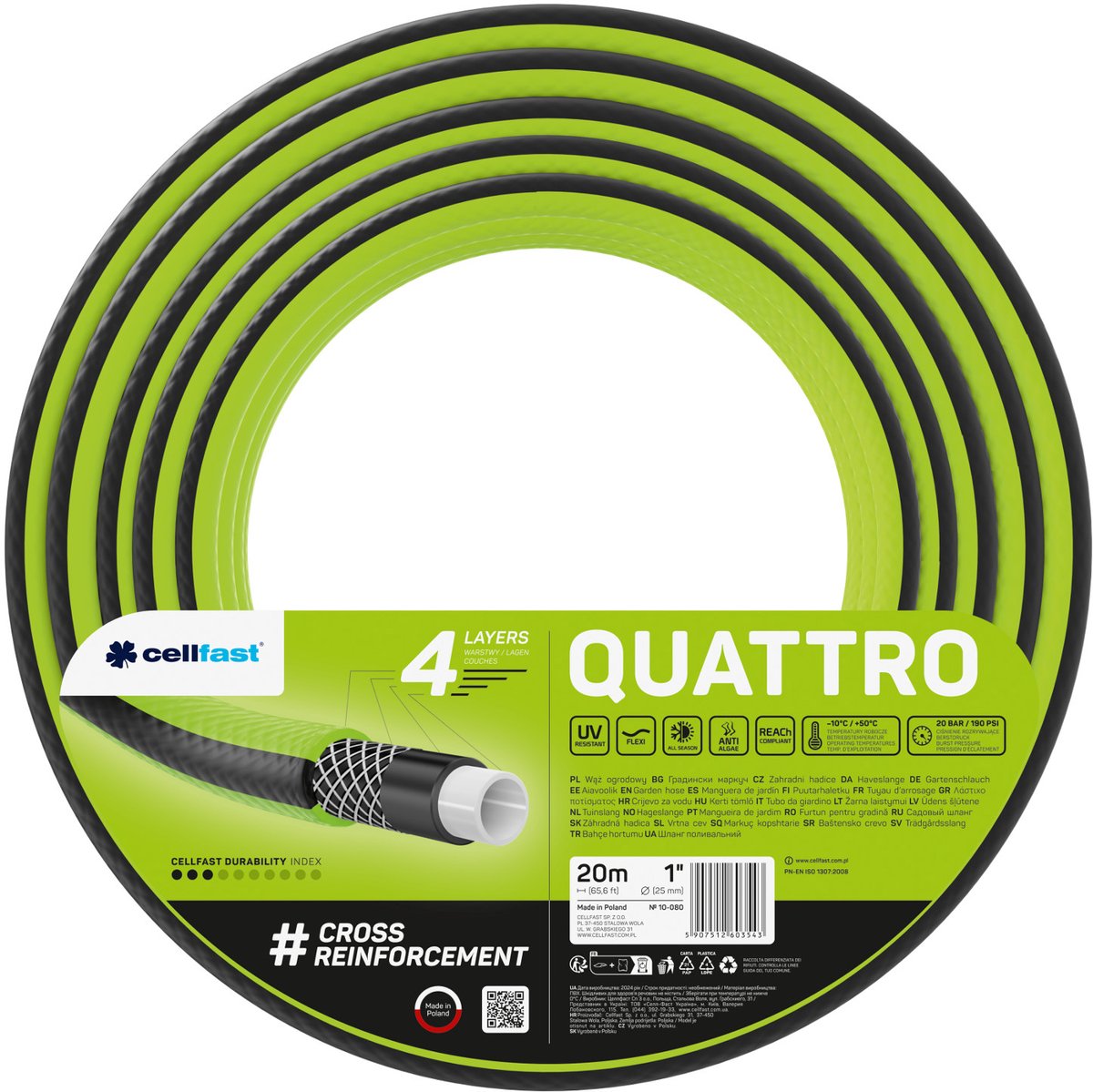 Cellfast tuinslang, 1'', 20m, 4-lagig, kruislings gevlochten, Quattro