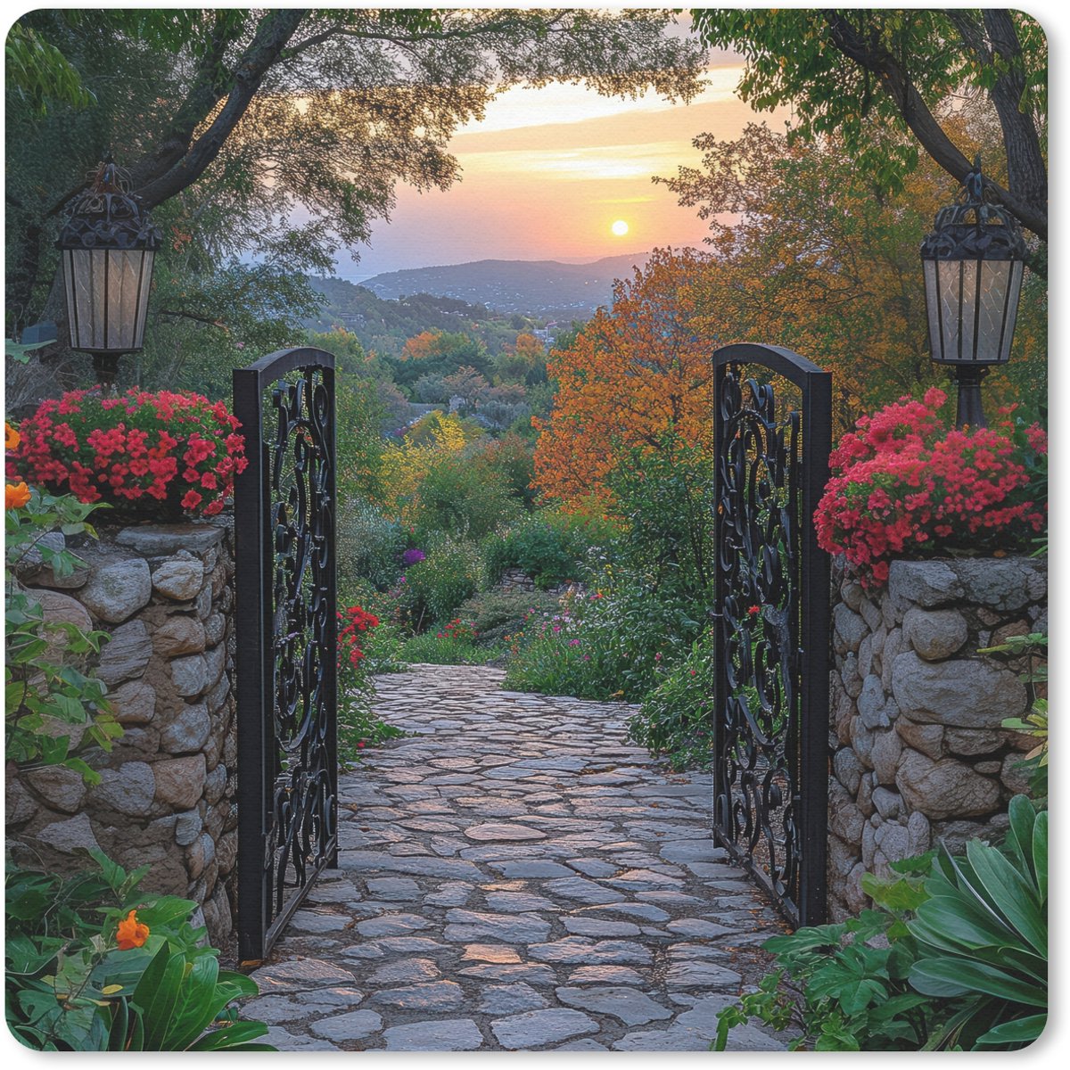 Muismat 30x30 cm - Mousepad Landschap - Hek - Pad - Zonsondergang - Natuur - Muismatten