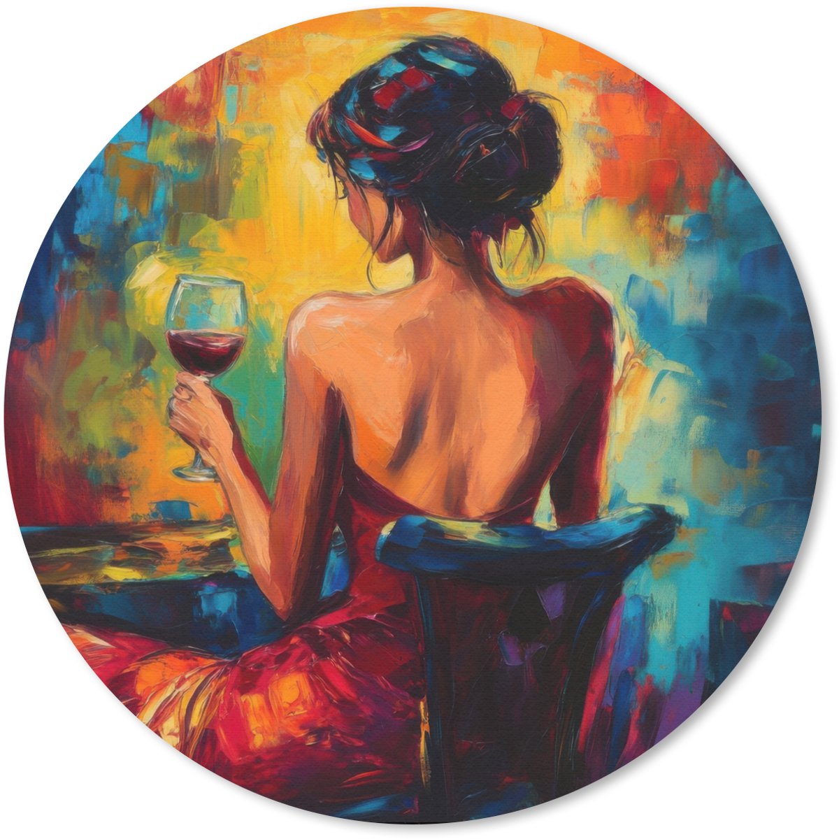 Muismat rond 50x50 cm - Mousepad Wijn - Vrouw - Sfeervol - Kleurrijk - Ronde muismatten
