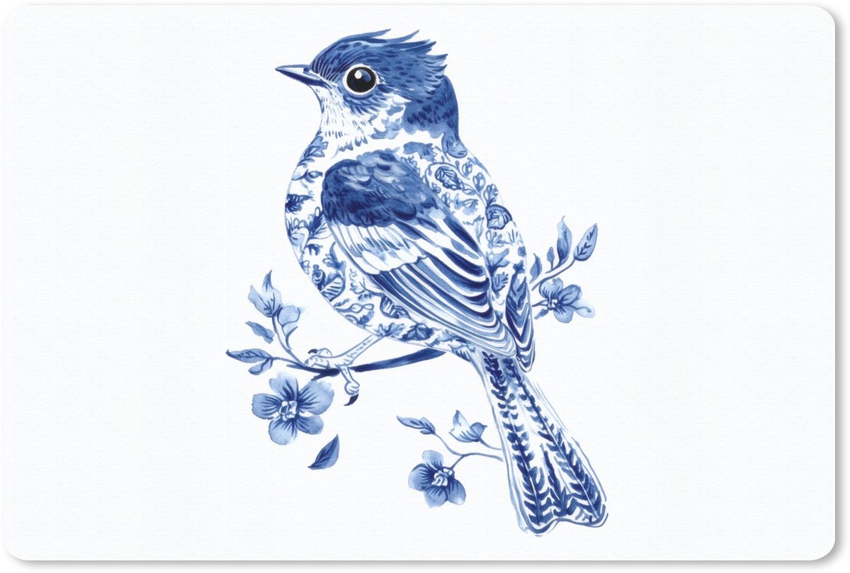 Muismat 27x18 cm - Mousepad Vogel - Delfts blauw - Illustratie - Bloemen - Muismatten