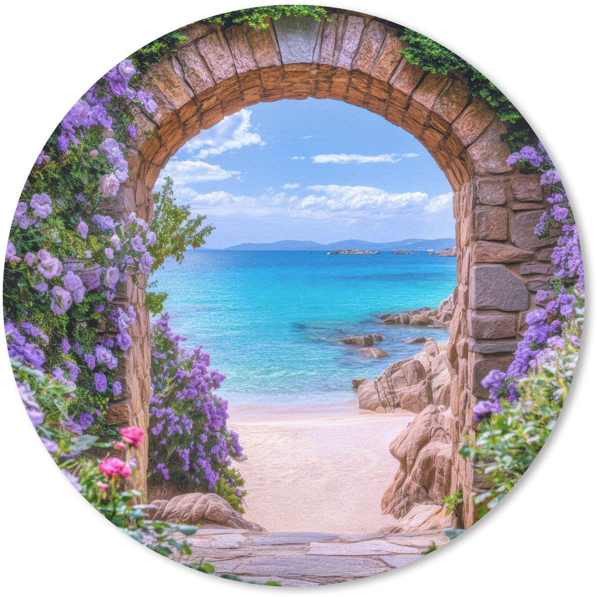 Muismat rond 50x50 cm - Mousepad Doorkijk - Poort - Zee - Strand - Rotsen - Ronde muismatten