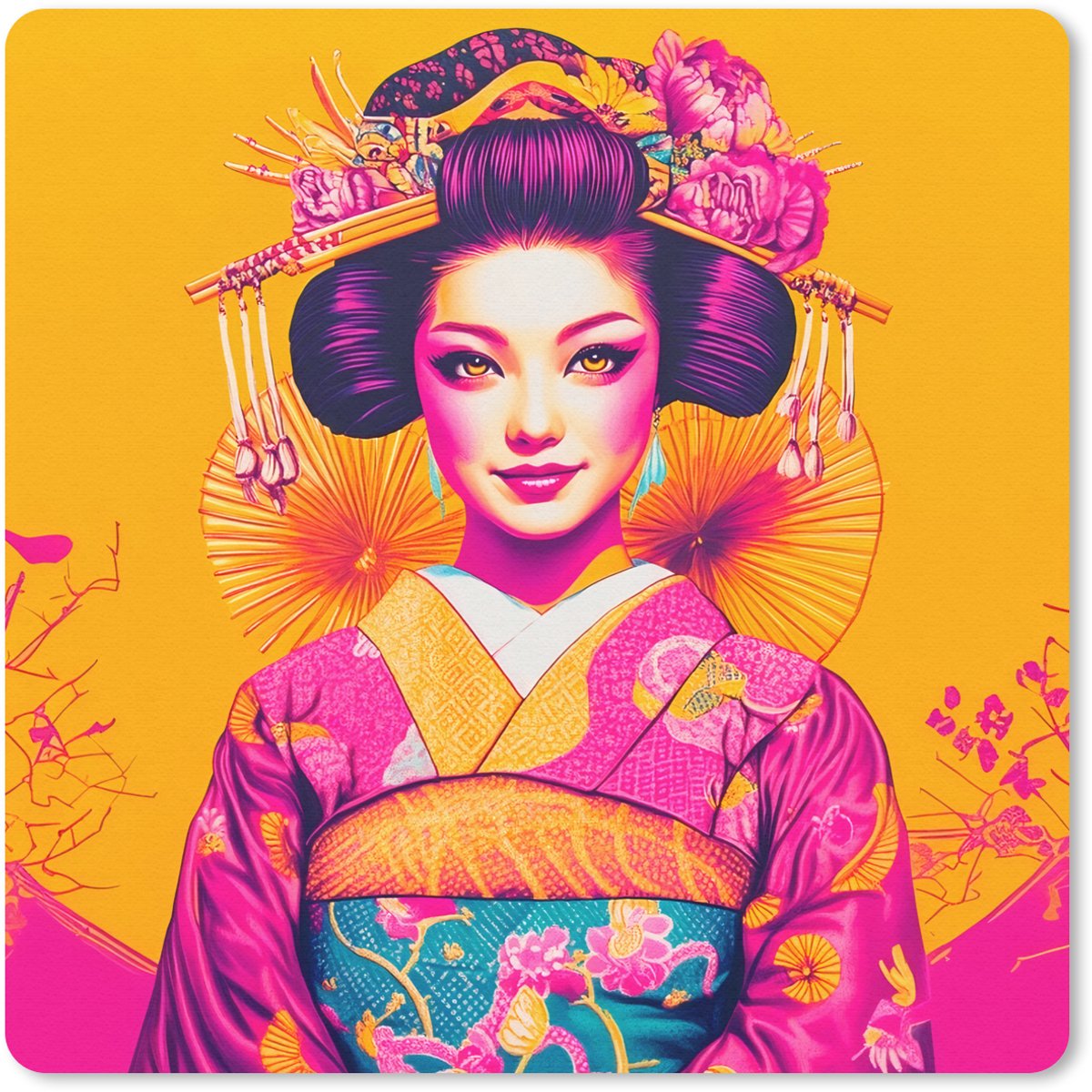 Muismat 20x20 cm - Mousepad Bloemen - Vrouw - Kimono - Roze - Muismatten