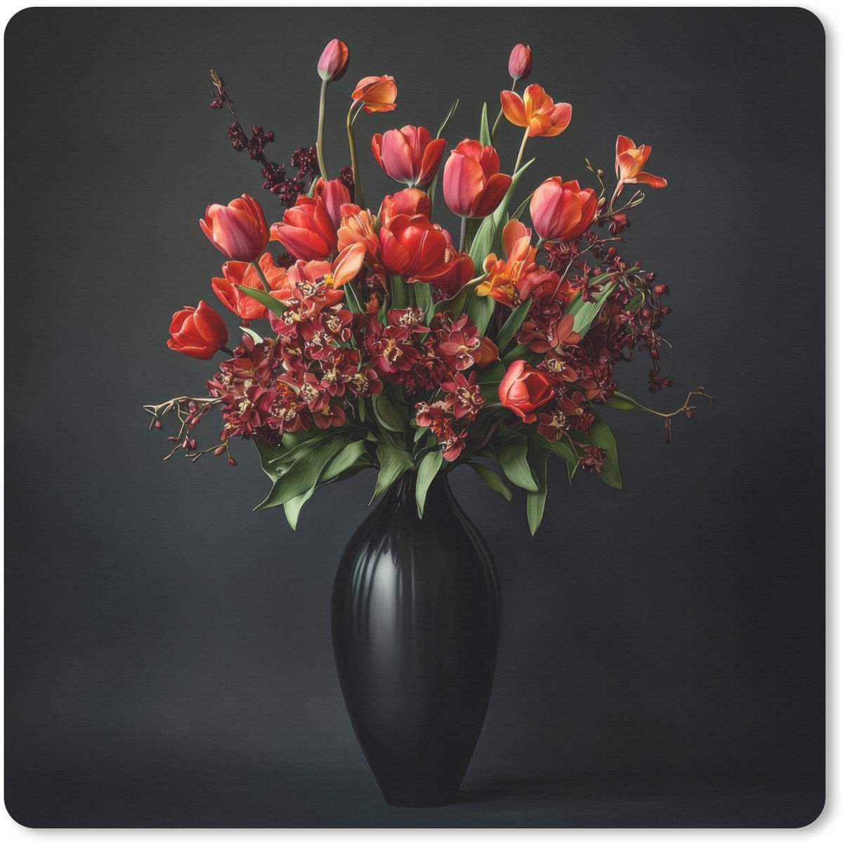 Muismat 20x20 cm - Mousepad Boeket - Tulpen - Vaas - Rood - Muismatten