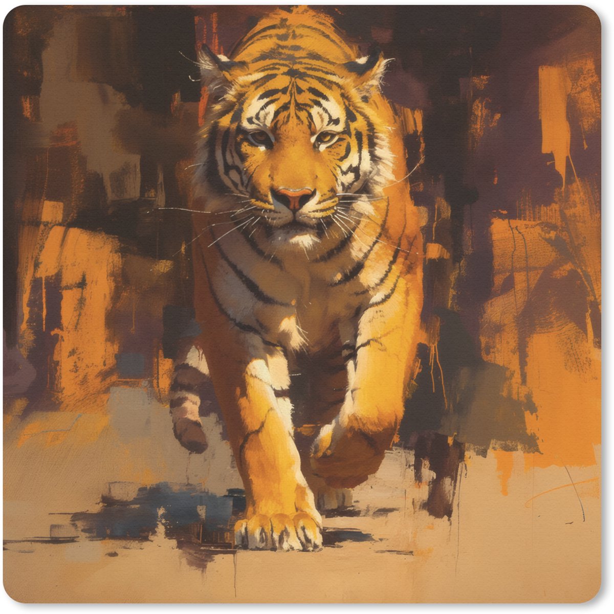 Muismat 20x20 cm - Mousepad Tijger - Geschilderd - Oranje - Penseelstreken - Muismatten