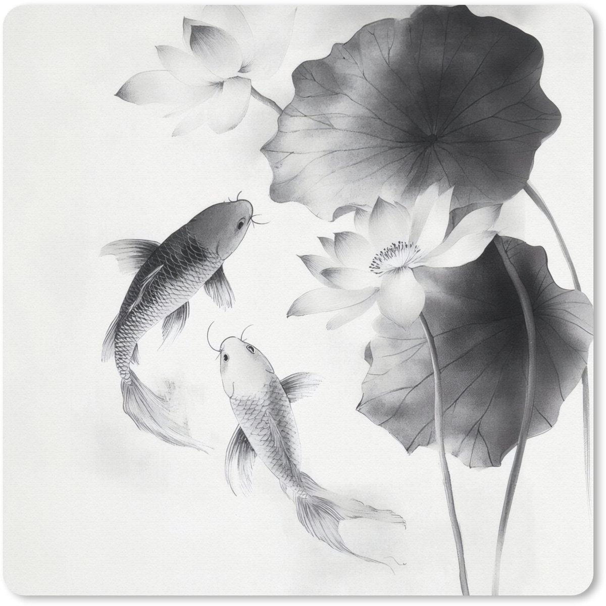 Muismat 30x30 cm - Mousepad Lotusbloemen - Vissen - Bladeren - Zwart - Muismatten