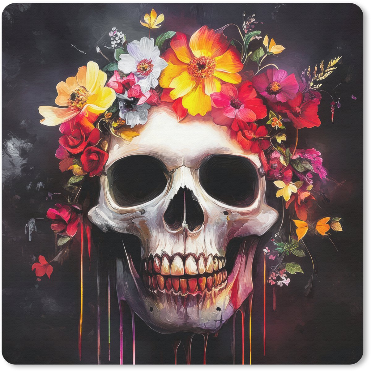Muismat 30x30 cm - Mousepad Schedel - Bloemen - Doodshoofd - Bloed - Kleurrijk - Muismatten