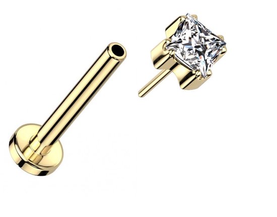 Labret en titane 1,2 x 8 mm avec pierre carrée de 5 mm - Couleur or - piercing nez en cristal - piercing tragus - piercing lèvre - piercing tragus - piercing oreille - Helix - Piercing anti-allergie sans nickel