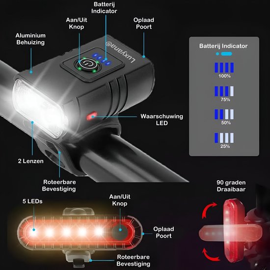 Luxyana® Premium Fietslamp XL Set - Extra Sterk Voorlicht en Achterlicht - USB Oplaadbaar Fietslicht — afbeelding 3