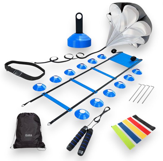 ISARA Voetbal Trainingsmateriaal Set 2025 – Blauw – Voetbal & Hockey Spullen – Training Artikelen – Pionnen - Loopladder – Speedladder – Agility – Resistance Band – Weerstand Parachute Sprint – Springtouw Volwassenen Kinderen – 5 Onderdelen