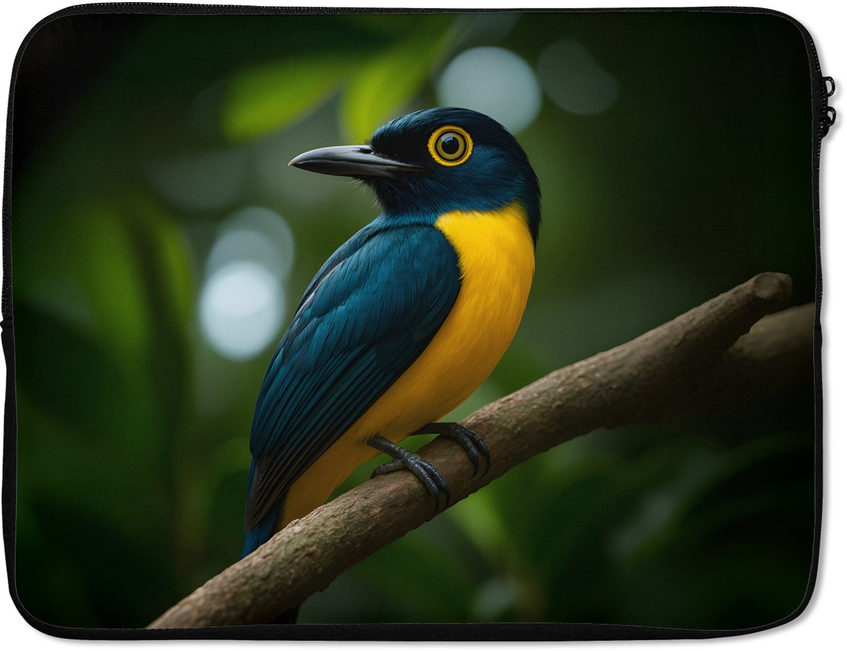 Laptophoes 17 inch - Vogel - Tak - Geel - Bladeren - Laptop sleeve - Binnenmaat 41x28 cm - Zwarte achterkant