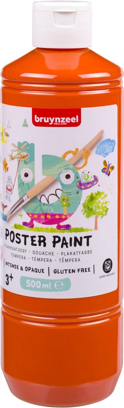 Peinture gouache Bruynzeel 500 ml orange vif dans une bouteille avec une étiquette illustrant un monstre tenant des ciseaux, un pinceau et un arbre.